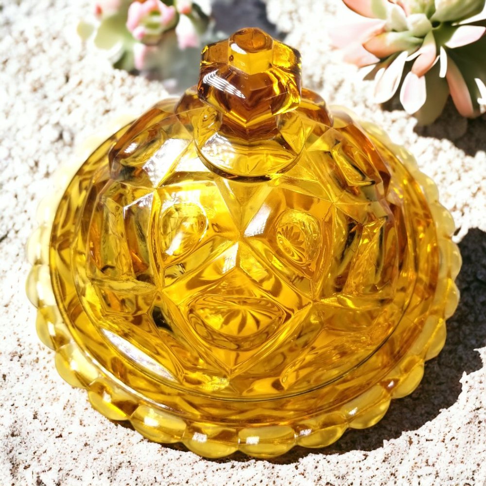 Honey Amber Butter Dish New Martinsburg Viking Glass Thumb Diamond Print - Picture 2 of 11